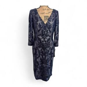 NWT Adrianna Papell Sequined V-Neck 3/4-Sleeve Sheath Navy Dress Size 10